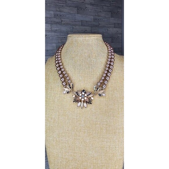 The Limited Pearl & Rhinestone Floral Double Strand Statement Necklace 18"L - Picture 1 of 5